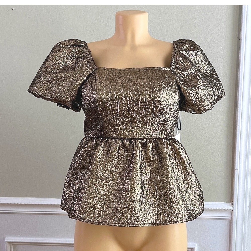Gold Metallic Peplum Top Womens Small Puff Sleeve Gold Metallic Holiday Glam